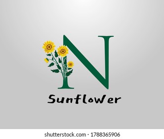 N Brief mit Sonnenblume, Vektordesign. Logo-Symbol für Blumenpflanze N. Typografie-Design