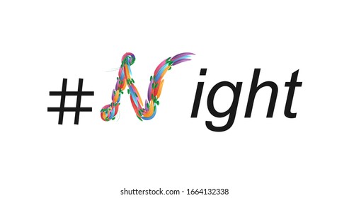 N letter symbol, N monogram. Night word creative poster design. Floral Abstract colourful brush. Spring banner template. Social hashtag. Text vector concept. Artistic illustration.