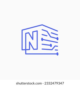 N Letter Tech Electric Circuit cube block Logo Outline Vector Icon Illustration