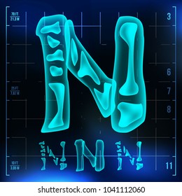 N Letter Vector. Capital Digit. Roentgen X-ray Font Light Sign. Medical Radiology Neon Scan Effect. Alphabet. 3D Blue Light Digit With Bone. Medical, Hospital, Pirate, Futuristic  Style. Illustration
