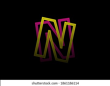 N letter vector design, shadow font logo. Dynamic split pink, yellow color on black background. For social media,design elements, creative poster, web template    

