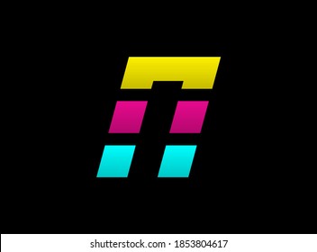 N letter vector desing, Cmyk color font logo, . Dynamic split blue, pink, yellow color on black background. For social media,design elements, creative poster, web template                      
