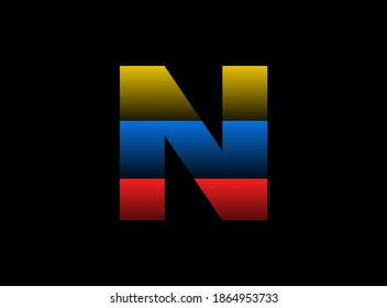 N letter vector desing, font logo. Dynamic split red, blue, yellow color on black background. For social media,design elements, creative poster, web template    


