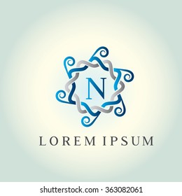 N letter vector logo template (sign, symbol, emblem, ornament). Tracery logo. Wave ornament dynamic logo.