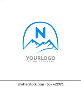 N letter vector mountains emblem identity. Outdoor activity symbol. Adventure or sport logo badge. Vector illustration