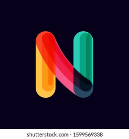N letter vivid logo with overlapping lines on black background. Vector typeface for vibrant identity, nightlife, techno sphere.