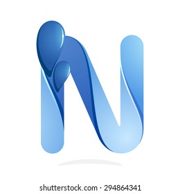 N letter with water waves and blue drops. Vector design template elements for your ecology application or company branding