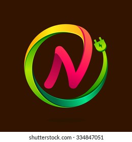 N letter with wire plug icon. Vector design template elements for your application or corporate identity.