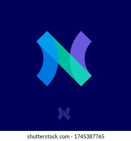 N logo. N abstract monogram. Blue, violet and azure transparent elements. Network logo. Monochrome option.