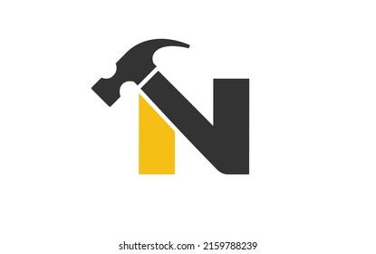 N logo construction vector for woodworking company. initial letter hammer template vector illustration for your brand.