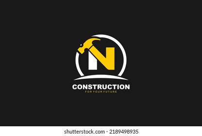 N logo construction vector for woodworking company. initial letter hammer template vector illustration for your brand.