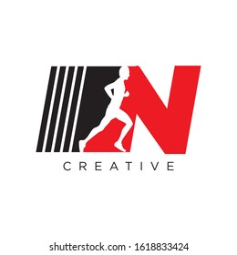 N logo design vector icon red and  black colour,human series is running away