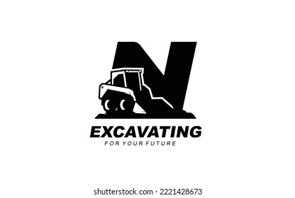 N logo excavator for construction company. Heavy equipment template vector illustration for your brand.
