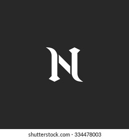 N logo letter, mockup medieval design element, black and white old style emblem for wedding invitation or business card