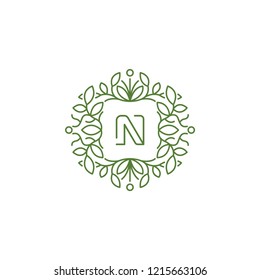 N logo marks with outline style representing Nature works in vector isolated