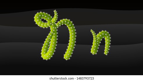 n Lowercase & Capital 3D Cactus Alphabet on black desert blackground, letters vector illustration