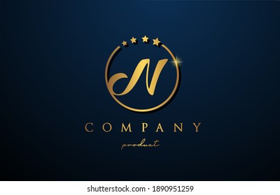 N luxury alphabet letter logo for company and corporate in gold colour. Golden star design with circle. Can be used for a luxury brand 