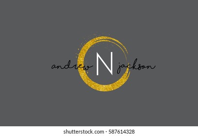 N Luxury Letter Logo Design with Gold Rounded Texture and Sparkles.