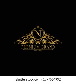 N Luxury Logo. Template flourishes calligraphic elegant ornament lines. Business sign, identity for Restaurant, Royalty, Boutique, Cafe, Hotel, Heraldic, Jewelry, Fashion and other vector illustration
