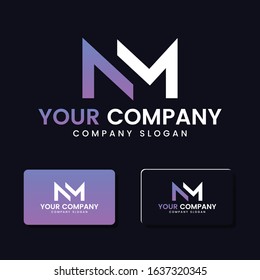 N M Logo and business card. NM Letter modern Design Vector with purple gradient color.