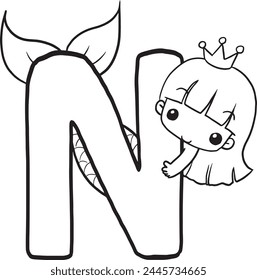 N mermaid cartoon doodle coloring page