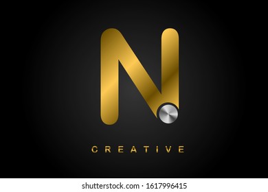 N metallic golden letter with silver screw vector illustration. Creative letter design for icon, logo, label, cover, print, emblem, company name, jewelry or web page. 