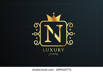 N monogram golden metal alphabet letter logo. Creative icon design with king crown for luxury business and company 