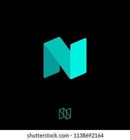 N monogram. N letter. N origami logo. N letter as azure ribbon on dark background. Monochrome option.