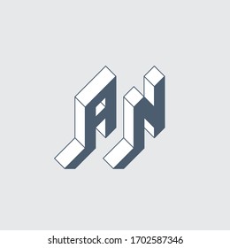 A and N - Monogram or logotype. AN - 2-letter code. Isometric 3d font for design. Three-dimension letters. Vector illustration.