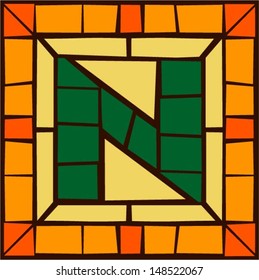 N - Mosaic alphabet capital letters, stained glass windows with frame or tile design, vector illustration