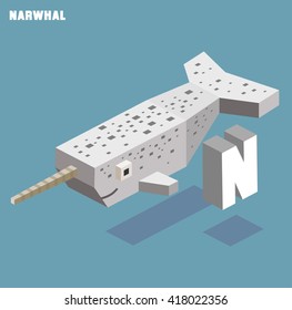 N for Narwhal. Animal Alphabet collection. vector illustration