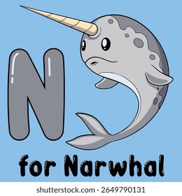 N is for Narwhal: A playful illustration features a charming narwhal accompanied by a letter, creating an educational and whimsical visual for children.