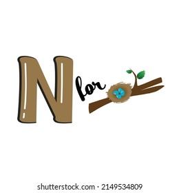 N for Nest, N Letter and Nest Vector Illustration, Alphabet Design For Children