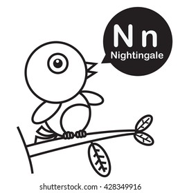 N Nightingale animal cartoon and alphabet for children to learning and coloring page vector illustration eps10