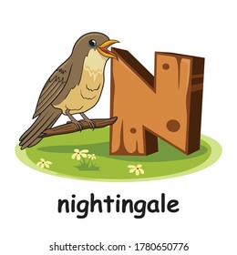 N for Nightingale Bird Cartoon 3D Alphabet Wood Animals