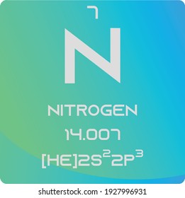 N Stickstoff Nicht reaktives chemisches Element, Vektorgrafik, mit Atomnummer, Masse und Elektronenkonfiguration. Einfache Farbverlauf-Flachhexagon-Design für Bildung, Labor, Wissenschaft-Klasse.