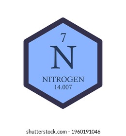 N Nitrogen Non Reactive Metal Chemical Element Periodic Table. Hexagon Vector Illustration, Simple Clean Style Icon With Molar Mass And Atomic Number For Lab, Science Or Chemistry Education.