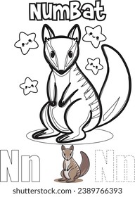 N For Numbat Alphabet with Cute Animal illustration Coloring Page Kids Preschool