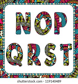 N, O, P, Q, R, S, T. Letters of alphabet with ethnic motifs.