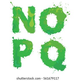 N, O, P,Q, Handdrawn english alphabet - letters are made of green watercolor, ink splatter, paint splash font. Isolated on white background.