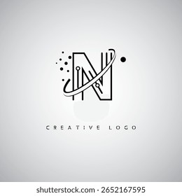 N Orbit Monogram Logo – Futuristic Minimal Letter mark with Circular Line Art, Tech-Inspired Dots and Space Motion Concept for Modern Branding Identity