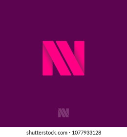 N origami monogram. Pink ribbons like letter N initial. Network icon. Typography. Lettering design.