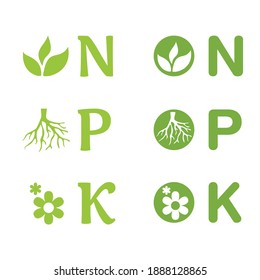 N, P, K icons set - concentration of nitrogen, phosporous and potassium in gardening fertilizers. Nutrients for Leaves, Flower and Roots 