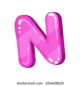 N pink glossy bright English letter, kids font vector Illustration on a white background