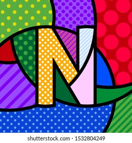 N Pop Art modern design alphabet letter. Comic style font in modern trendy colors. ABC lettering. Cartoon graphic letter for kids and your design. Halftone background and texture. 