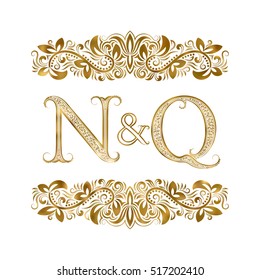N and Q vintage initials logo symbol. The letters are surrounded by ornamental elements. Wedding or business partners monogram in royal style.