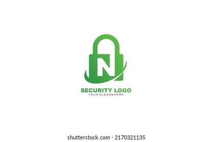 N Inspiración en el diseño del logo de Seguridad. Diseño de plantilla de letras vectoriales para marca.