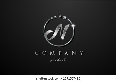 N silver metal alphabet letter logo for company and corporate. Metallic star design with circle. Can be used for a luxury brand 