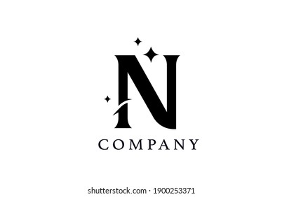 N simple black and white alphabet letter logo for company and corporate. Creative star design with swoosh. Can be used for a luxury brand or icon lettering