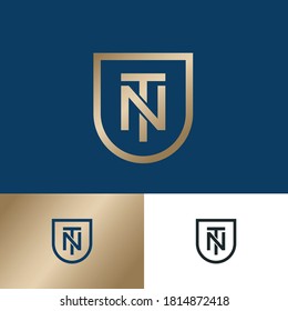 N and T monogram. N,T letters as a gold shield on different backgrounds. Premium emblem. Inverted version.